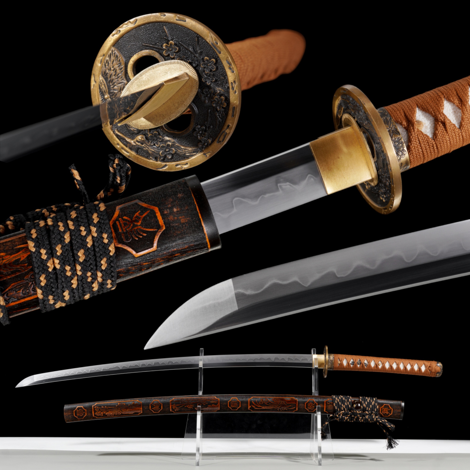 Handmade Katana T10 Steel Clay Tempered Four Gentlemen Saya Full Tang