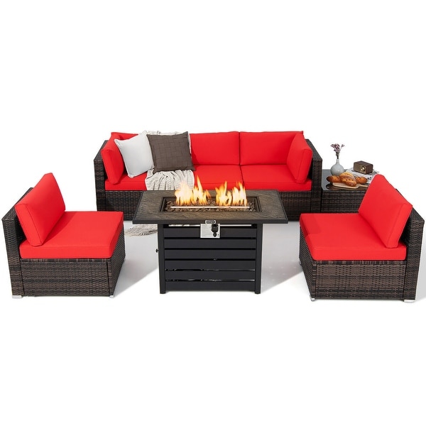 Gymax 7PCS Patio Rattan Furniture Set 42'' Fire Pit Table w/ Cover