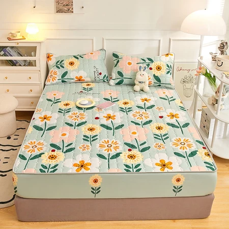 Flower Colored Mattress Protector Cotton Cadar Single/Queen/King Size Non Slip Sheet Fitted Bedsheet
