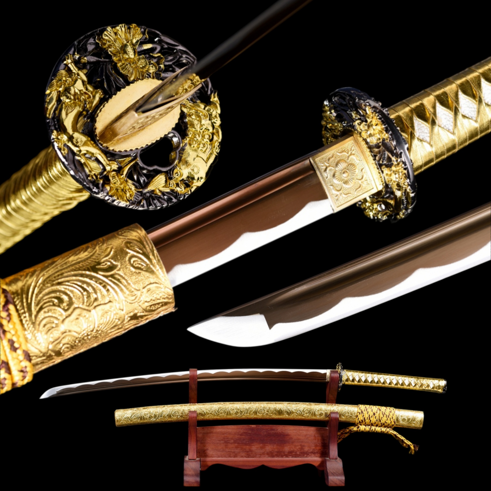 Handmade Japanese Katana High Carbon Gold Blade Qilin Tsuba Full Tang