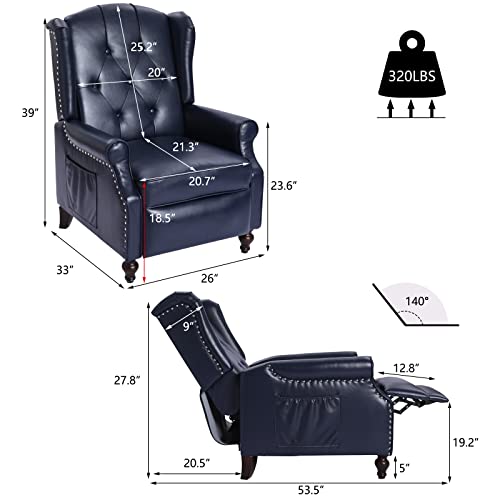 Wingback Recliner Chair with Massage and Heat, Tufted Fabric Pushback Recliner Chair, Wingback Chair with Remote Control, Padded Cushion, Wooden Legs, Small Recliners for Small Spaces