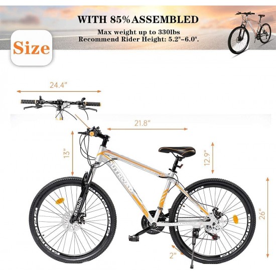 Mountain Bike 26-inch Wheel 21 Speed 3 Spoke Double Disc Brake Bicycle Suspension Fork Rear Anti-Slip Bike for Adult or Teens