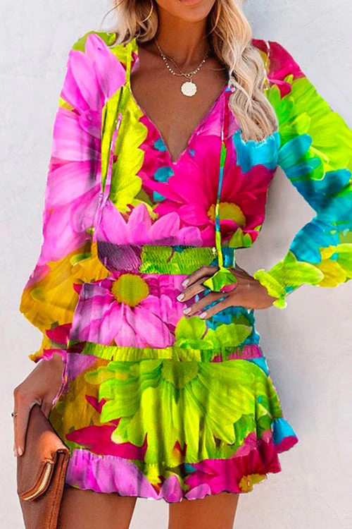 Printed V-Neck Tie Neck Midi DressClistos