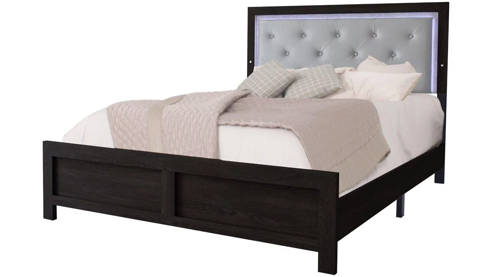 Modern 4pc King Size PU Upholstered LED Headboard Bed Dresser Mirror Nightstand Wooden Bedroom Furniture Set Black Finish