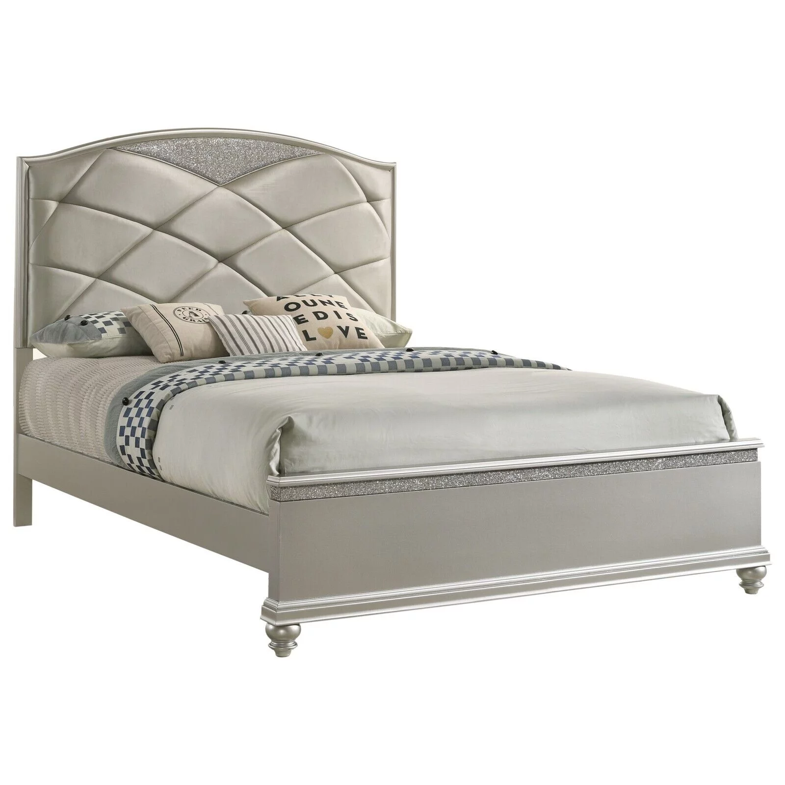 6pc Traditional Style King Panel Bed Dresser Mirror Nightstand Chest Wooden Bedroom Furniture Set Metallic Silver Finish