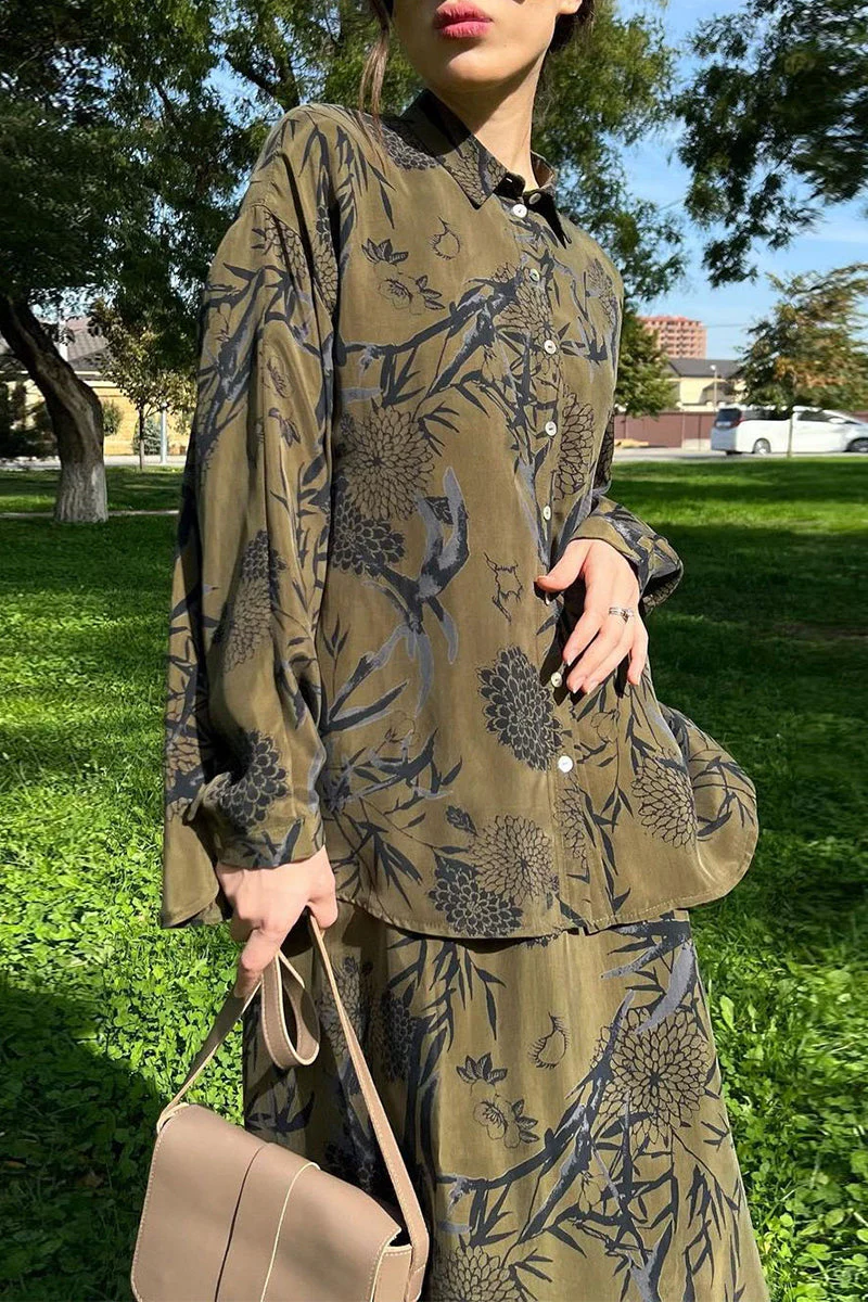 Elegant Floral Two-Piece Set | Turndown Collar Shirt & SkirtClistos