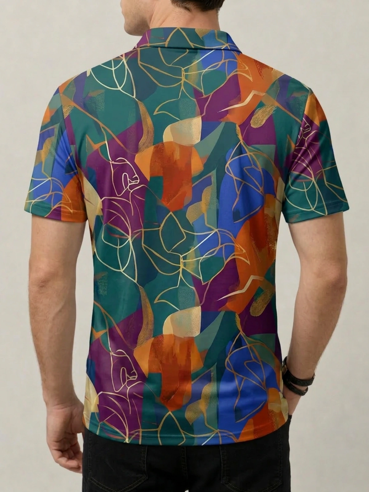 Multicolor Abstract Geometric Print with Gold Lines Short Sleeve Golf Polo Shirt