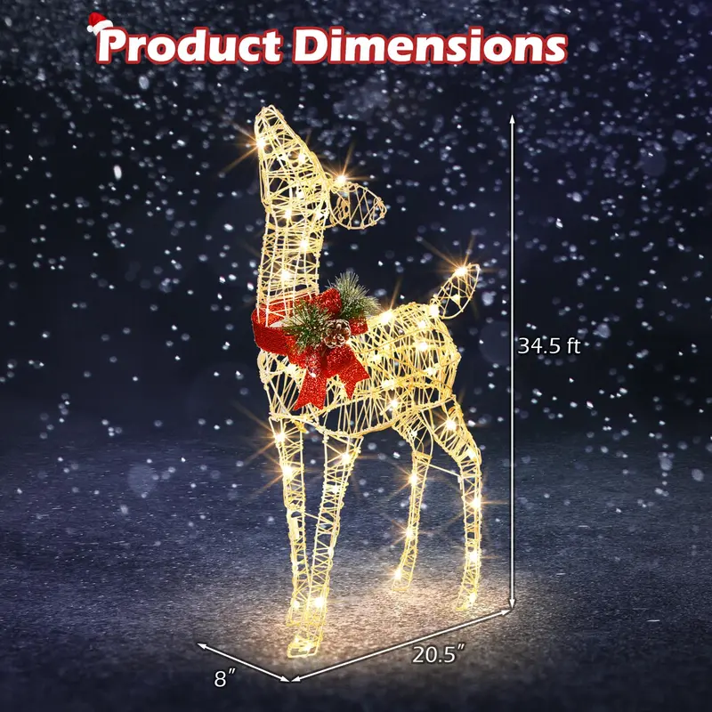 Pre-Lit Baby Reindeer Decoration – Lighted Holiday Figurine with 50 Warm White LEDs & Festive Red Bow