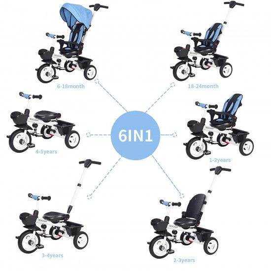 Baby Tricycle, 6-in-1 Kids Stroller Tricycle with Adjustable Push Handle, Removable Canopy, Safety Harness for 6 Months – 5 Year Old