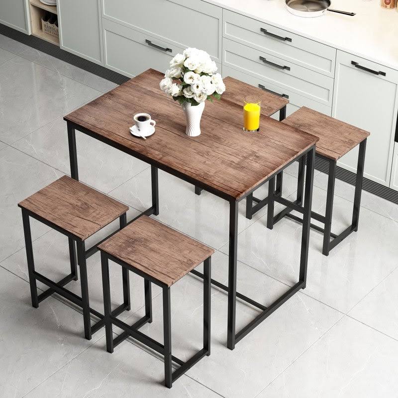 5 Piece Dining Set for 4 Rustic Kitchen Pub Table Set with 4 Stools - Brown