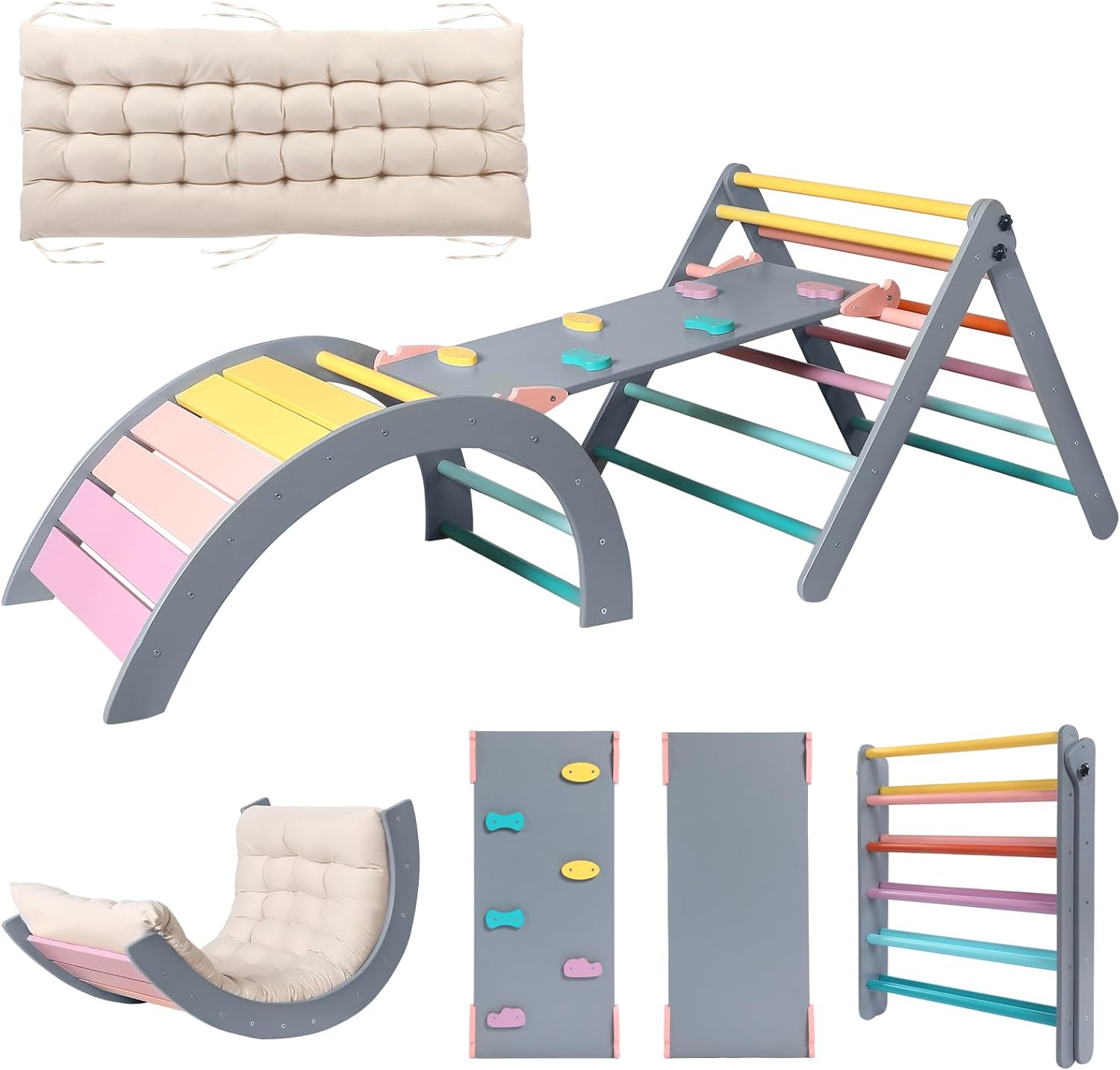Yopnoyik 5-in-1 Montessori Foldable Wooden Climbing Set for Toddlers with Ramp and Arch Climber