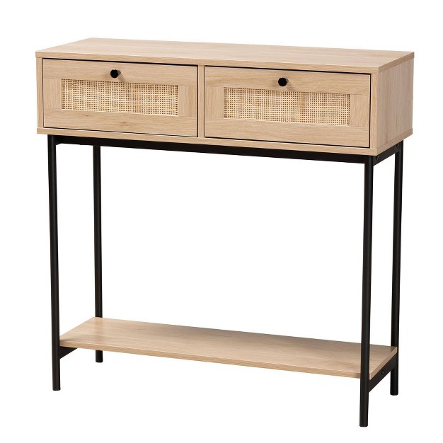 Sherwin 2 Drawer Console Table With Woven Rattan Accent Light Brown black Baxton Studio