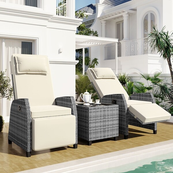 Outdoor Rattan Twoperson Combination Reclining,Adjustable Upholstered Backrest Seats Design with Tempered Glass Coffee Table