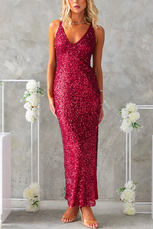 Sparkling Sequin Maxi Dress with Open BackClistos