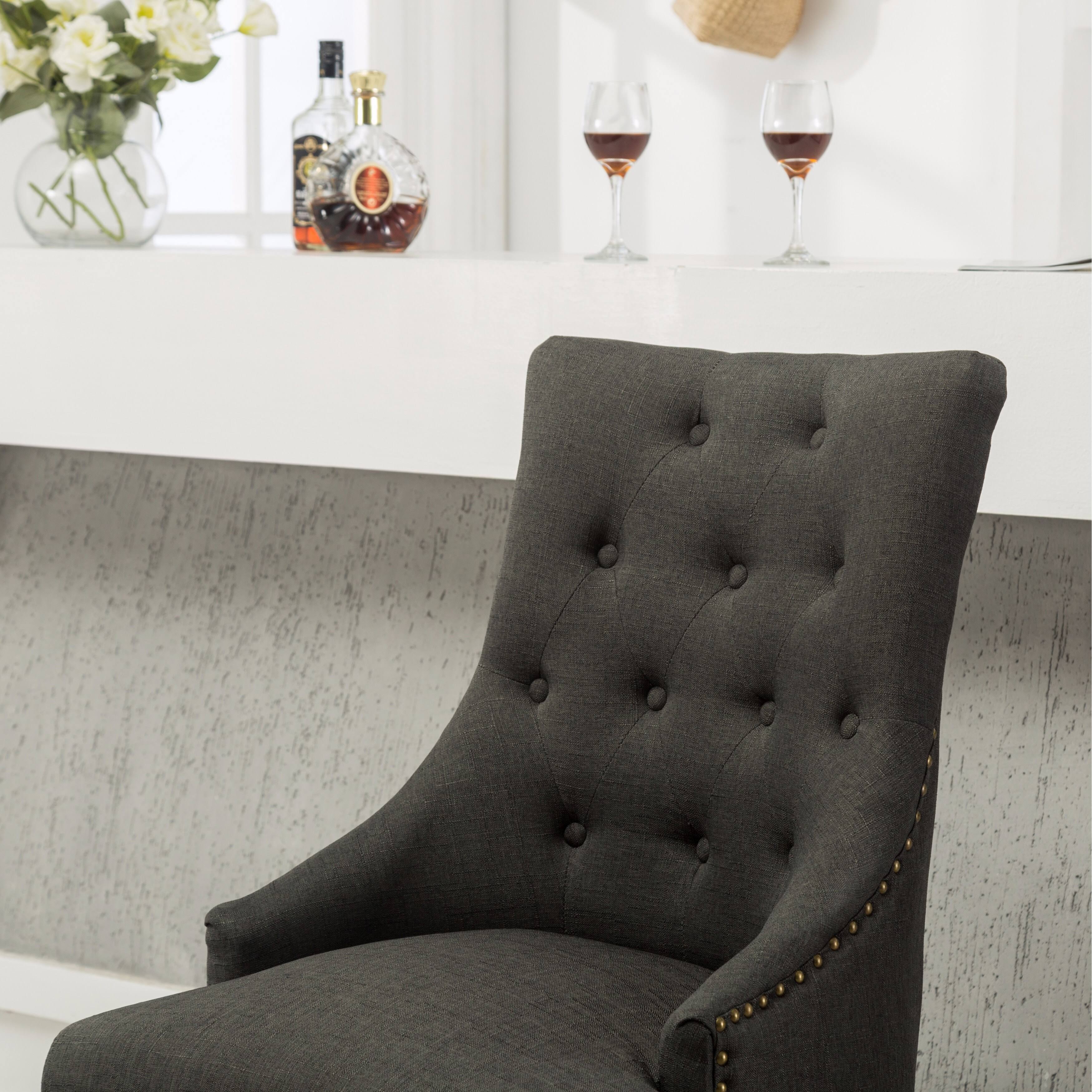 Roundhill Furniture Button Tufted Solid Wood Wingback Hostess Chairs with Nail Heads, Set of 2, Charcoal