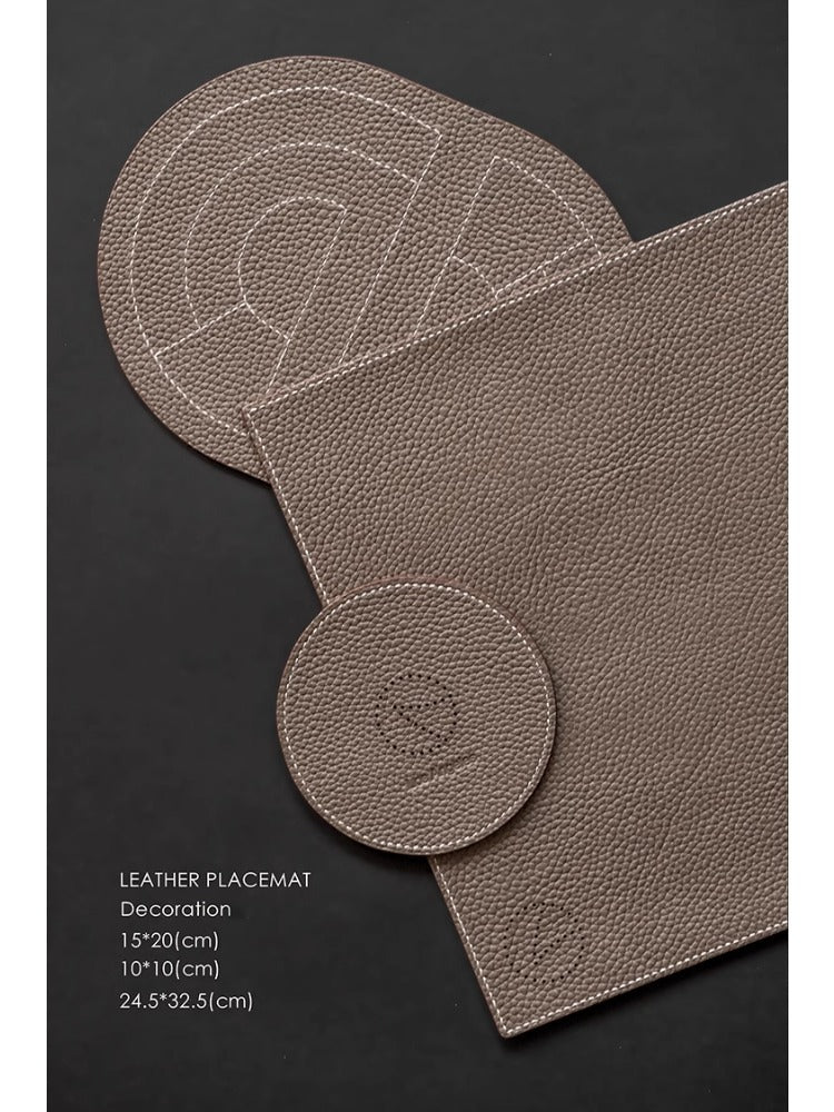 DC078 (Set) - Calfskin Elephant Gray Outer Stitching Dining Mat Table Mat Cup Mat Tea Tray (Set of Three)