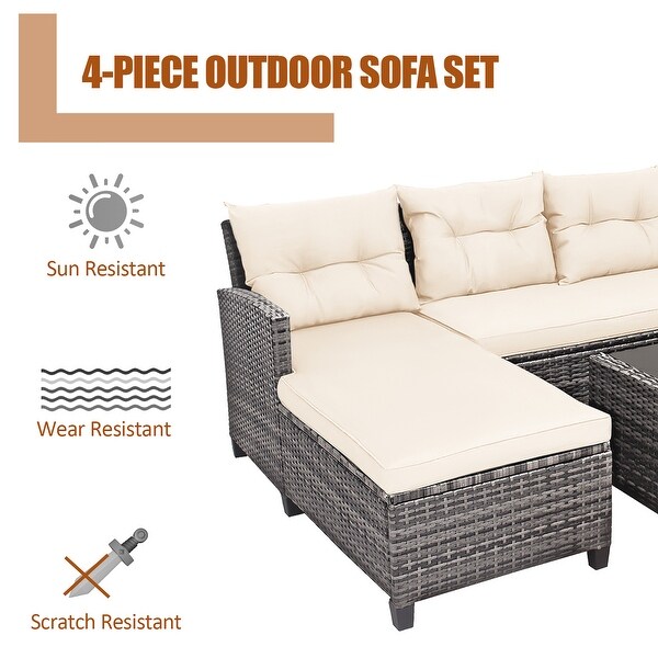 Costway 4PCS Patio Rattan Furniture Set Sofa Ottoman Cushion Garden