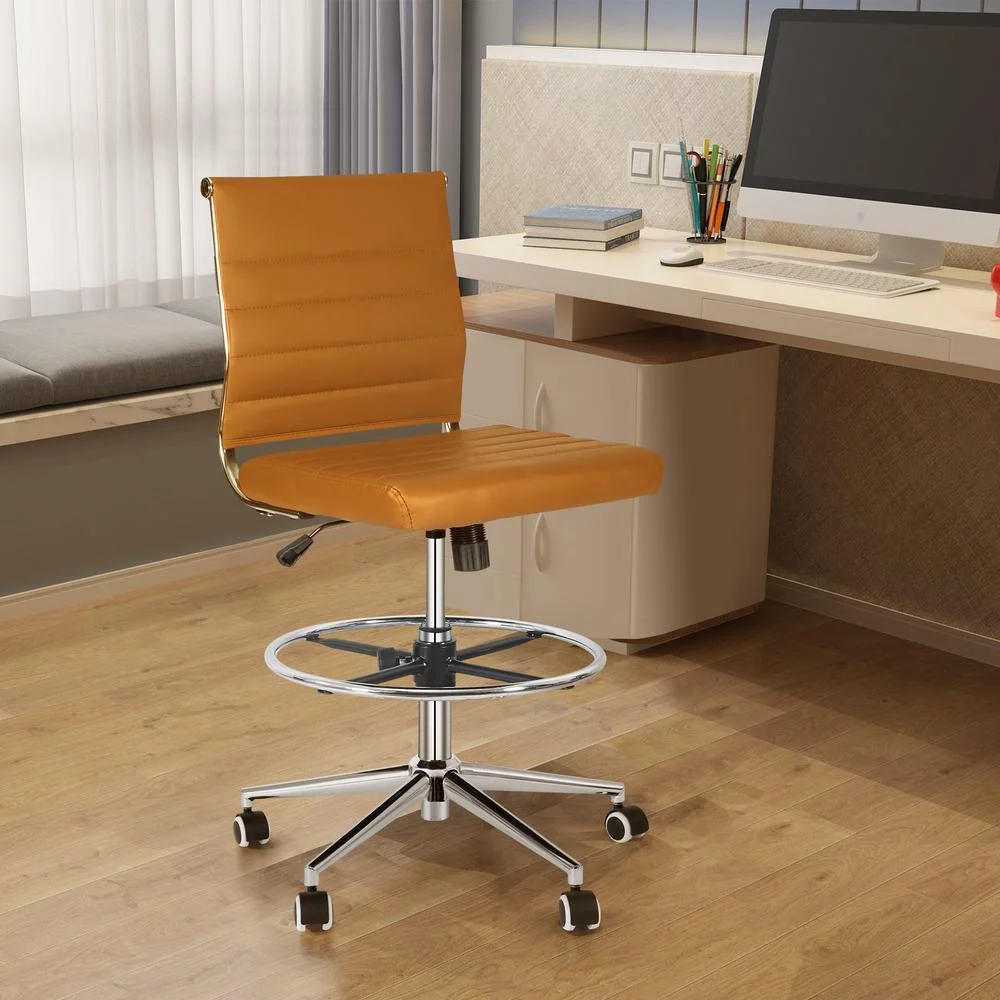 Okeysen Armless Desk Stool Drafting Chair Ergonomic Leather Office Chair Modern Standing Desk Chair with Adjustable Foot Ring, Ribbed Mid Back & Swivel Rolling, Brown