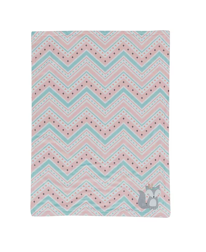 Lambs and Ivy Little Spirit Coral White Blue Chevron Fox Luxury Baby Blanket