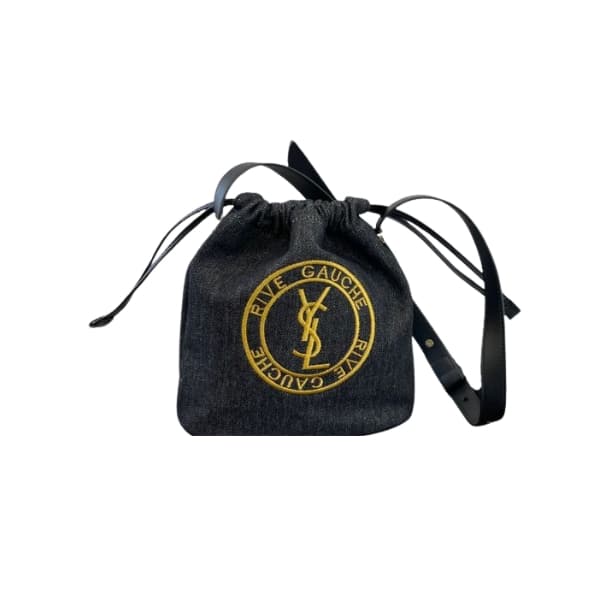 Saint Laurent Rive Gauche Laced Bucket Bag In Embroidered Felt And Smooth Leather Denim Black