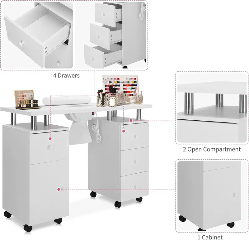 Professional Nail Tech Manicure Table – Acetone-Resistant Surface, Built-in Dust Collector, Lockable Casters & Storage Cabinet (White)