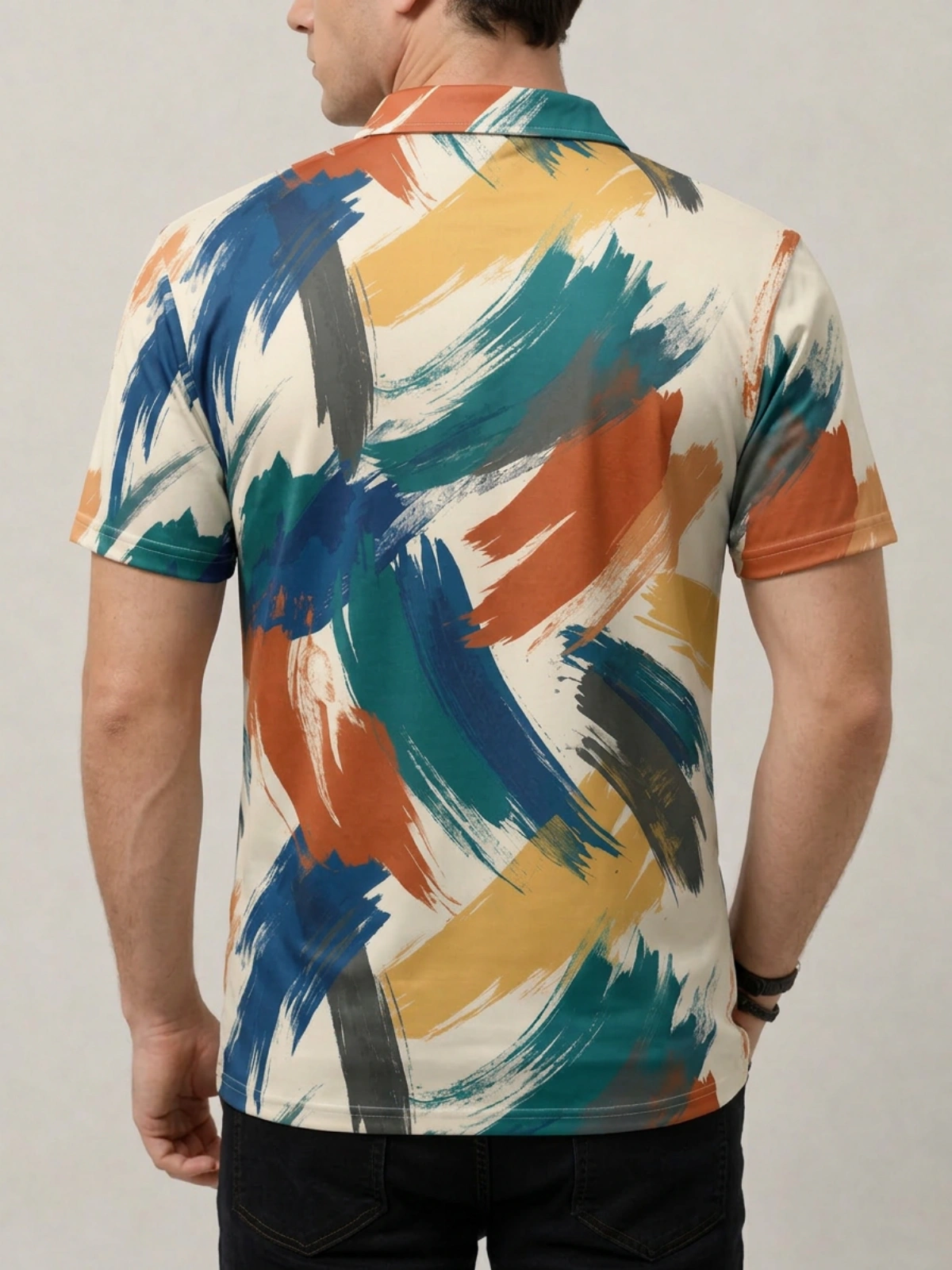 Multicolor Brushstroke on Off-White Print Short Sleeve Golf Polo Shirt