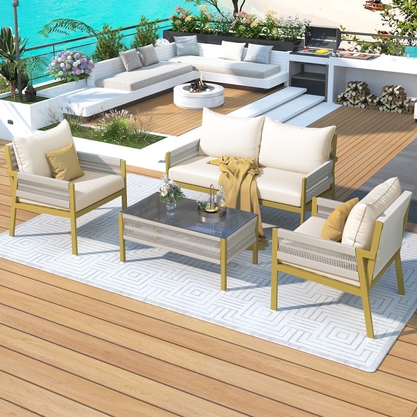 4Piece Rope Patio Outdoor Furniture Patio Conversation Set Deep Seating with Tempered Glass Table and Thick Cushion