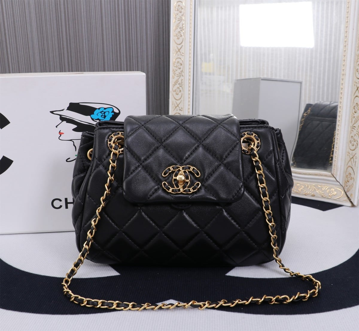 Chanel Mix Accordion Cc Flap Bag Quilted Glazed Calfskin Black 23Cm