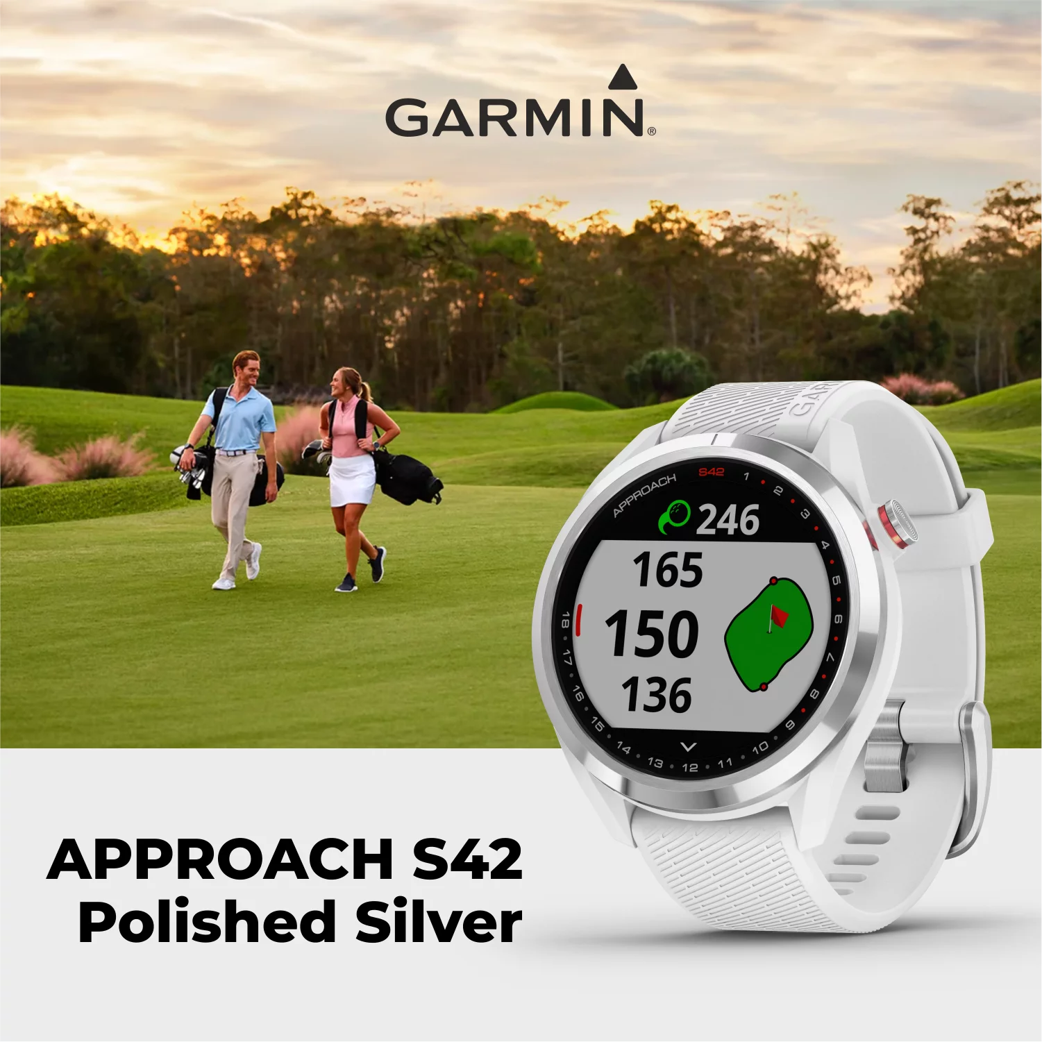 Garmin Approach S42 Premium GPS Golf Watch, Polished Silver Ceramic Bezel with White Silicone Band and Wearable4U All-In-One Golf Tools Bundle