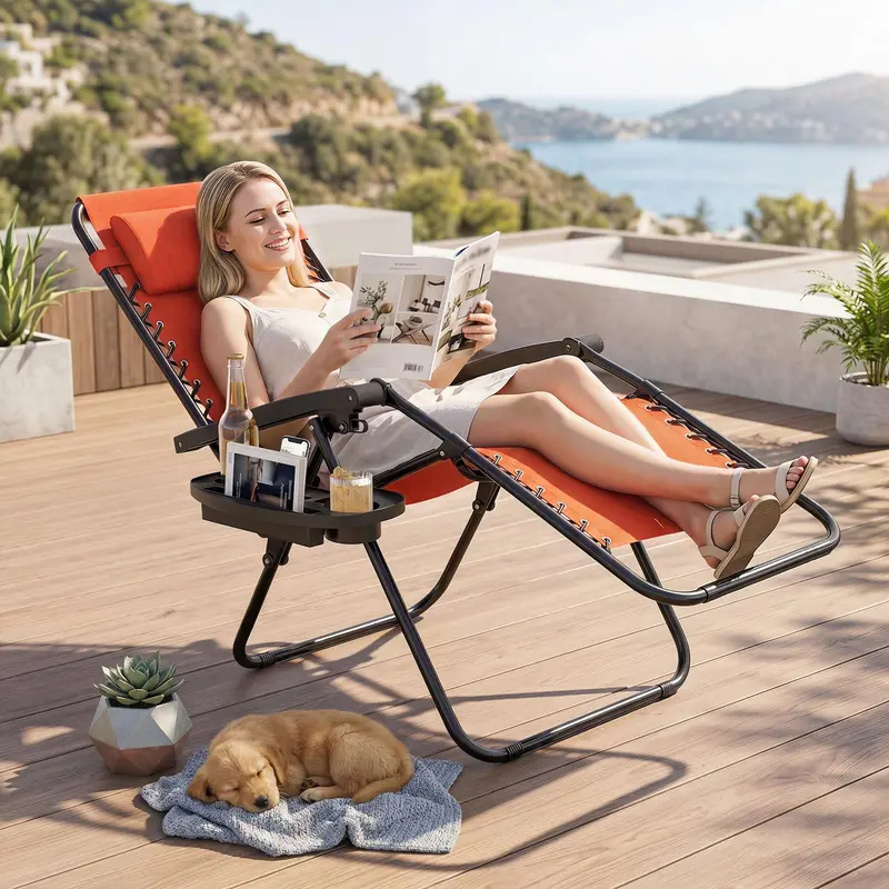 Zero-Gravity Recliner Chair – Ergonomic Backrest, Removable Pillow & Built-in Cup Holder Tray