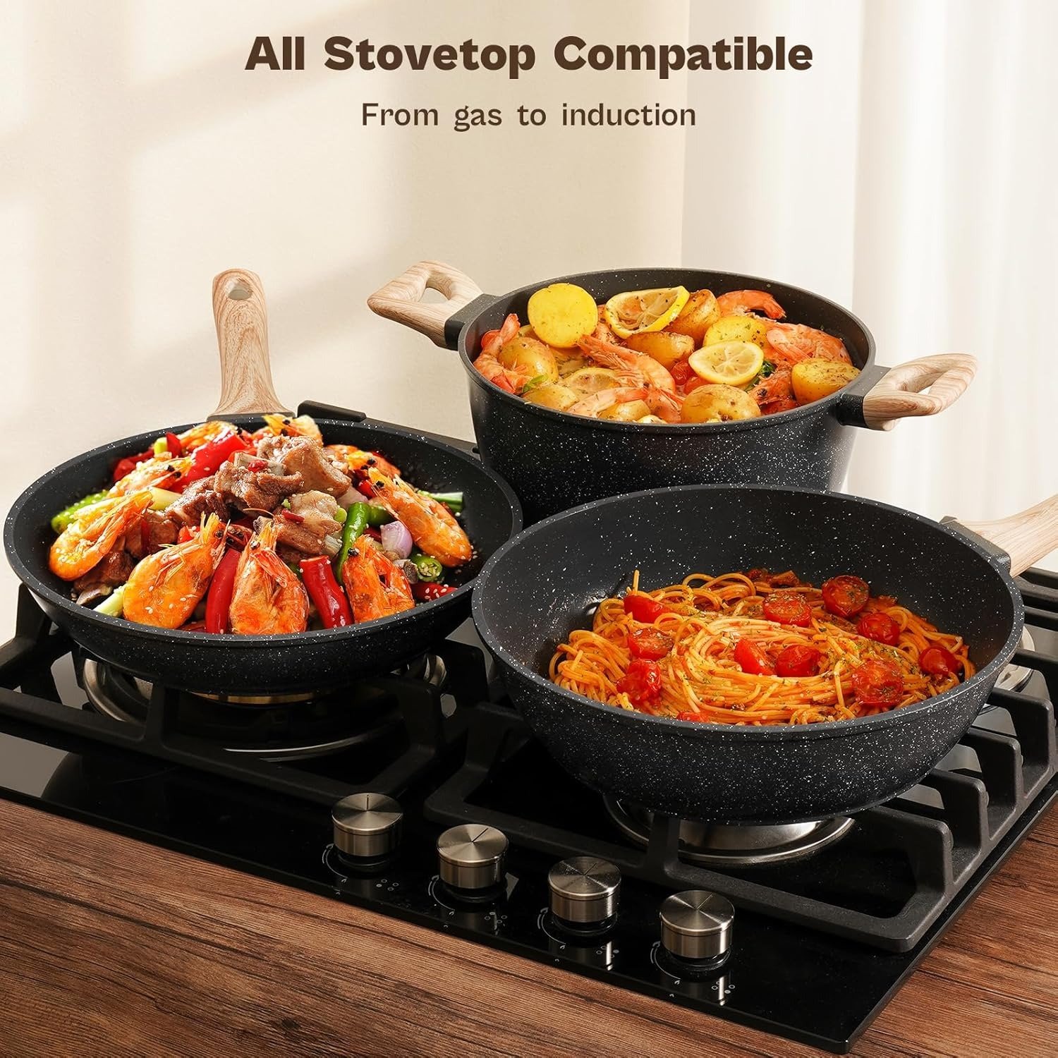 13-Piece Black Granite Nonstick Cookware Set PFAS-Free Induction All Stovetop Compatible