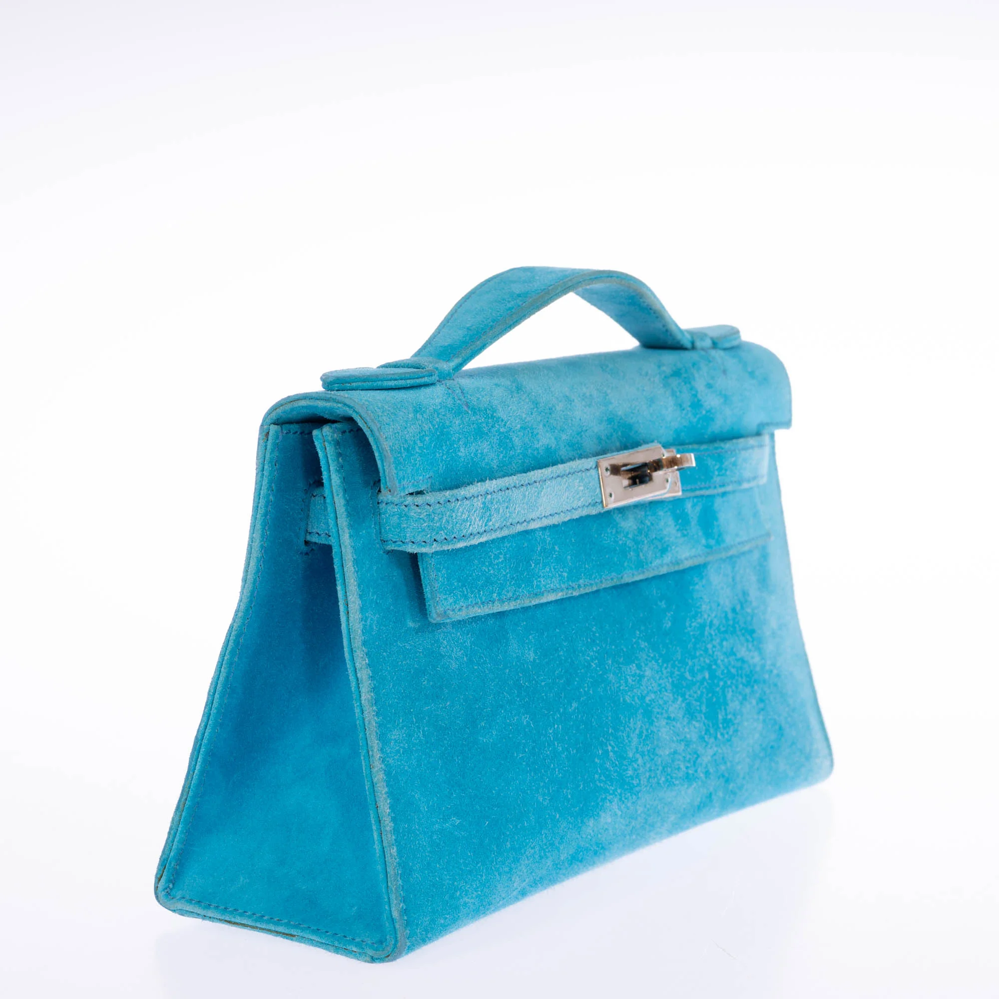 Hermès Kelly Pochette Turquoise Veau Doblis Suede Palladium Hardware