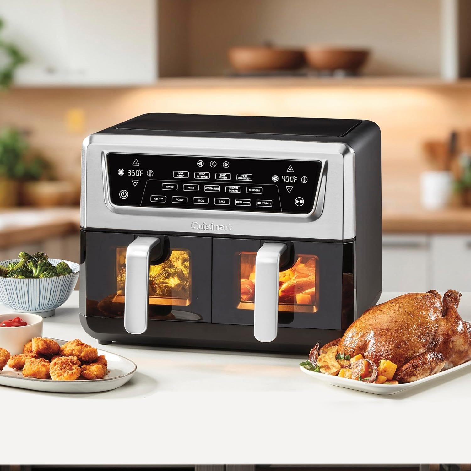 Dual Basket Air Fryer, Two Baskets 11 Qt in Total, 6 Functions: Air Fry, Roast, Bake, Broil, Dehydrate & Keep Warm