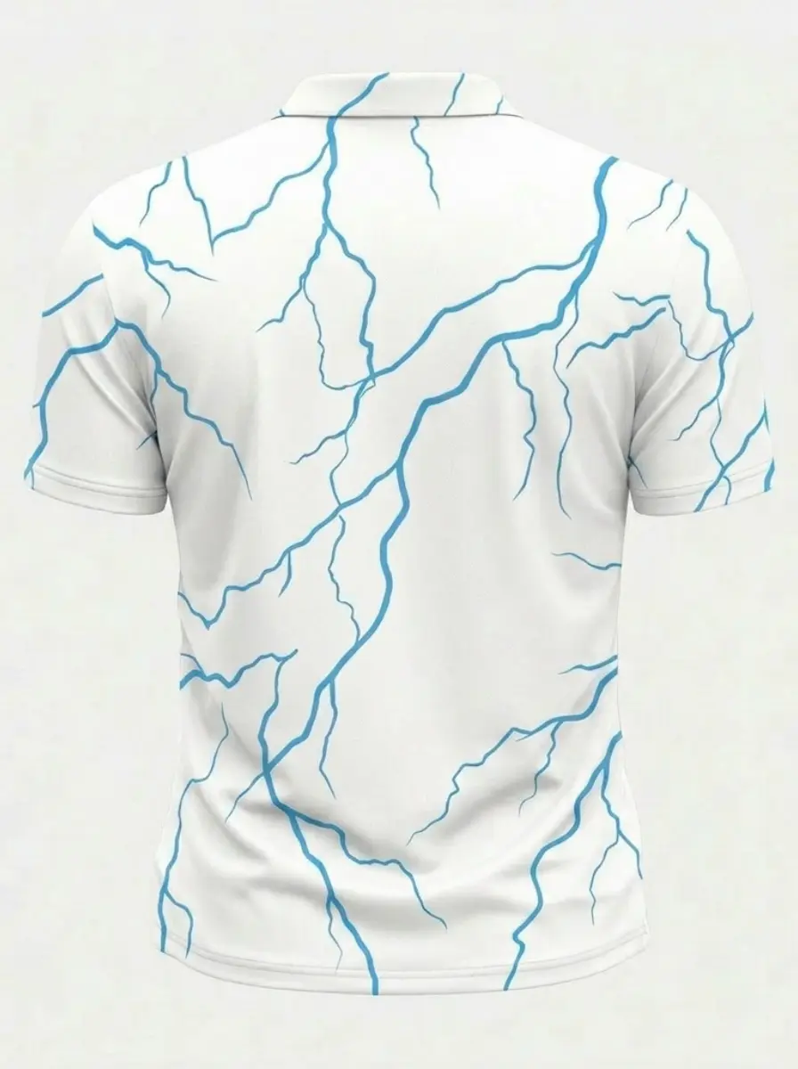 Moisture Wicking Golf Polo 3D White Blue Marble Lightning Print Button Short Sleeve Golf Polo Shirt