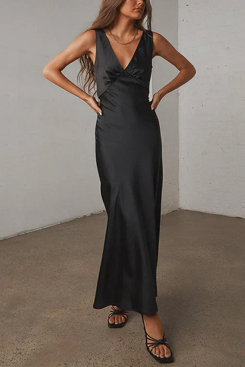 Satin V-Neck Tie Back Maxi DressClistos