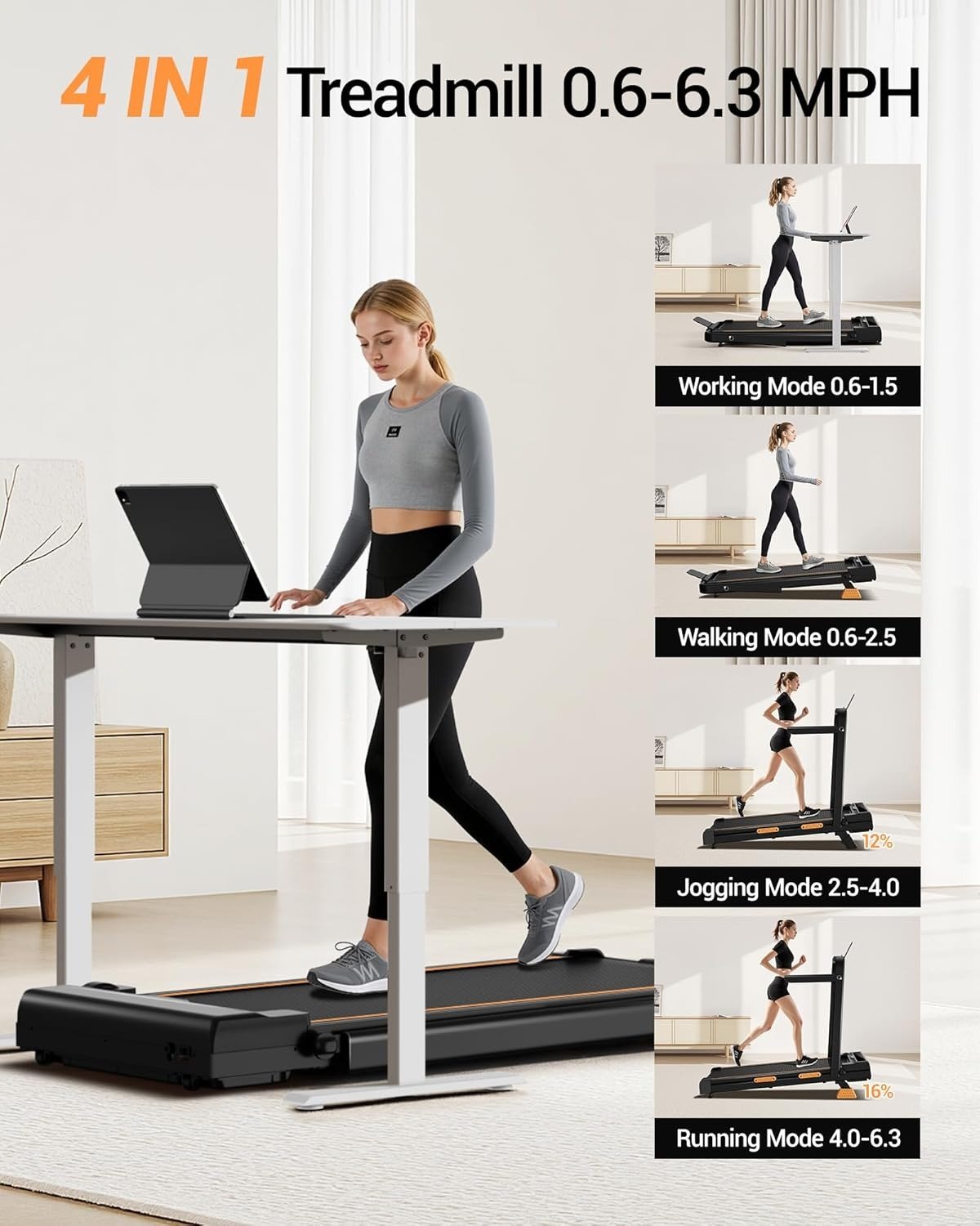 4-in-1 Under Desk Treadmill with Handles, Foldable Treadmill with 2.5 HP Quiet Brushless, 330 LBS Capacity