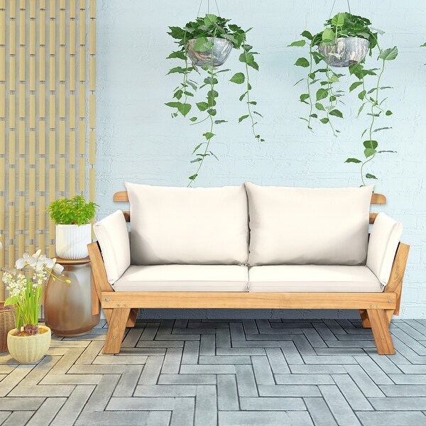 Gymax Adjustable Patio Sofa Daybed Acacia Wood Furniture w/ White