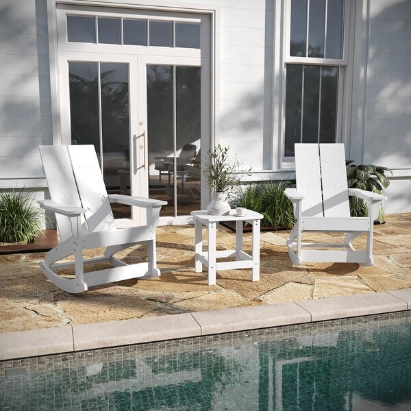 2 Modern Dual Slat Poly Resin Adirondack Rocking Chairs with Side Table