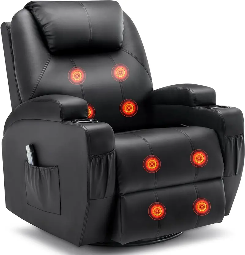 Swivel Recliner Chair with Heat & Massage Functions – Manual Rocking Lounge Chair Featuring Remote Control, Cup Holder, and 360° Rotation