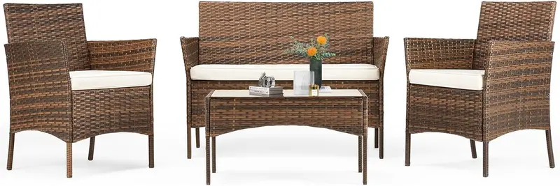 Sweetcripy 3-Piece All-Weather Patio Set – Woven Rattan Chairs with Cushions and Tempered Glass Table