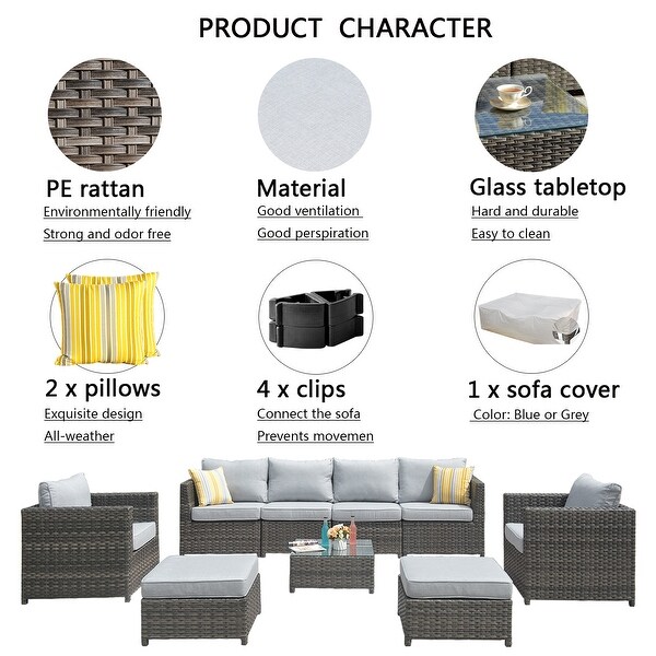 OVIOS Patio Furniture Deep Seat Wicker 9piece Set