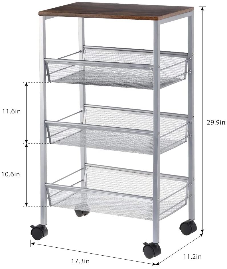 NEX 3-Tier Rustic Kitchen Cart MDF Wood Top and Metal Frame, Silver