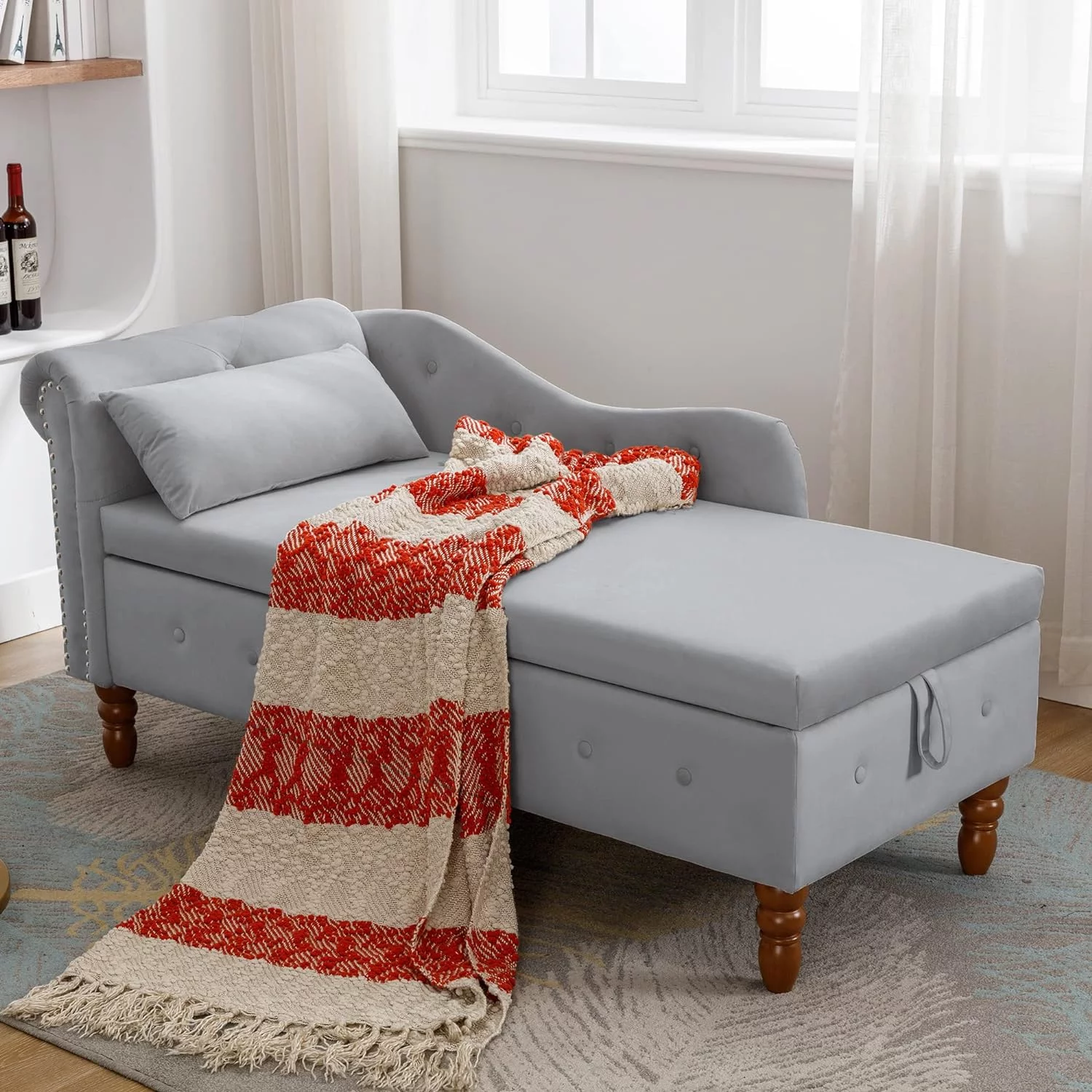 Chaise Lounge Chair Indoor Velvet Bedroom Lounge Chair With Storage & Pillow Modern Upholstered Chaise Lounge With Nailhead Trim Sleeping Long Chair For Living Room Office, Grey