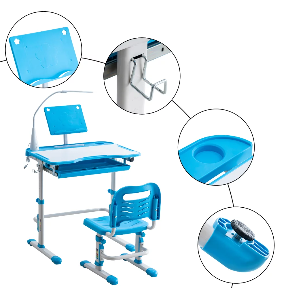 Kids Desk and Chair Set, Height Adjustable Children Study Table with Led Light, Bookstand, Wood Tiltable Anti-Reflective Tabletop, Portable Tilted 0-40° Table Top, for School 3-18 Boys & Girls