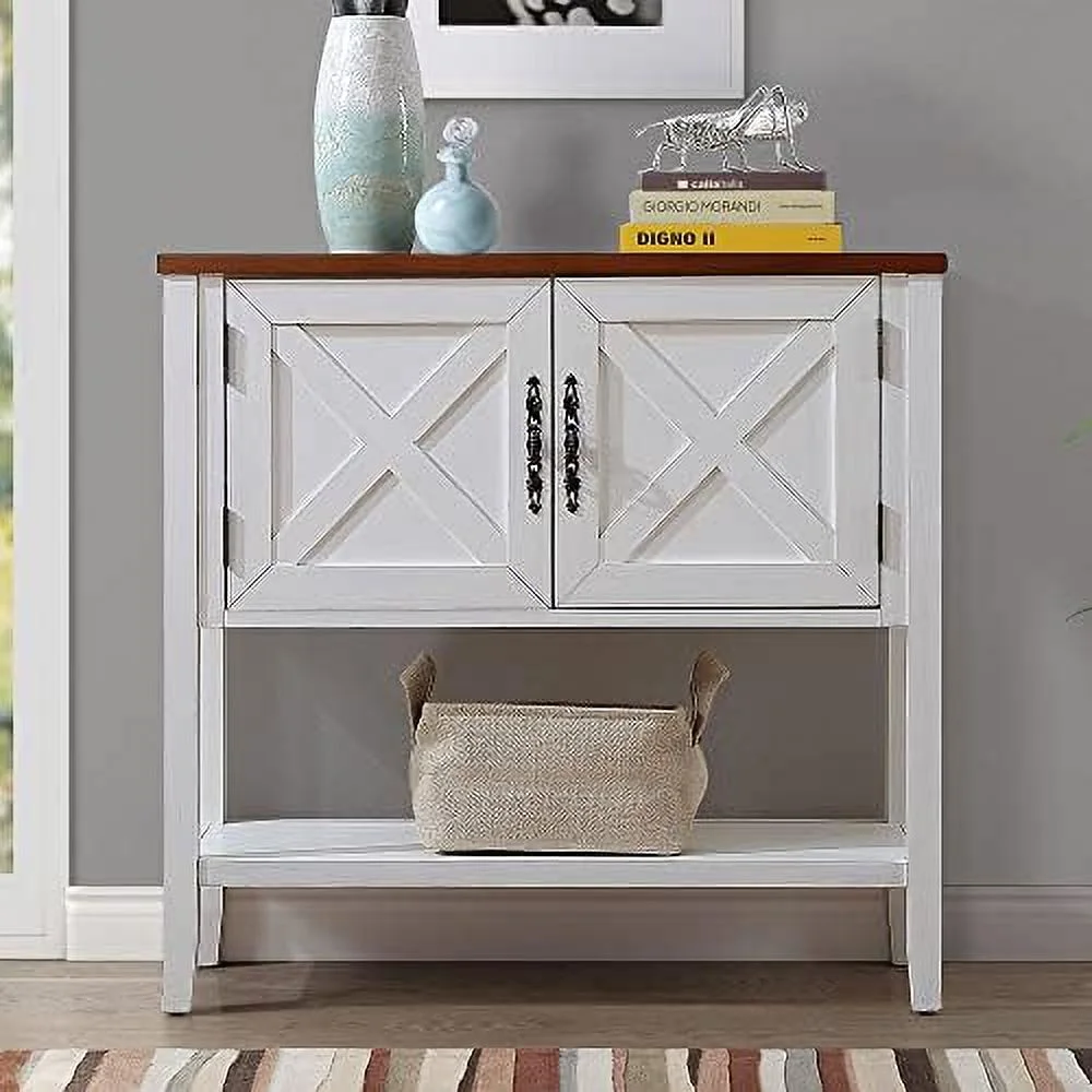 TJUNBOLIFE Farmhouse & Modern Console Table with 3 Cabinets and 1 Open   Rustic Sofa Table Entryway Table with Artificial Stone Look Tabletop for Living Room (Oak/Elegant-)