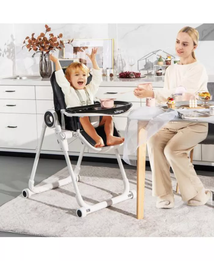 Slickblue Baby High Chair Foldable Feeding Chair with 4 Lockable Wheels