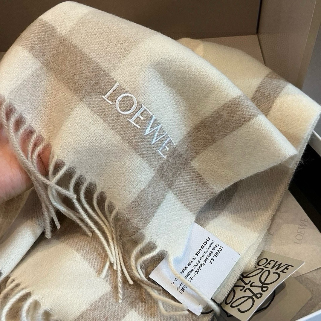 Loewe Cashmere Scarf Check Beige White For Women 180cm