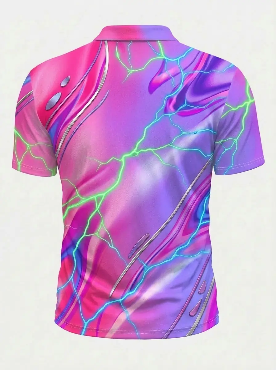 Moisture Wicking Golf Polo 3D Pink Purple Green Blue Lightning Button Short Sleeve Golf Polo Shirt