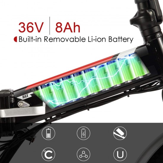 Folding Ebike AE4, 20” Foldable Electric Bicycle with 36V 8Ah Removable Lithium-Ion Battery, Professional 7 Speed Gears