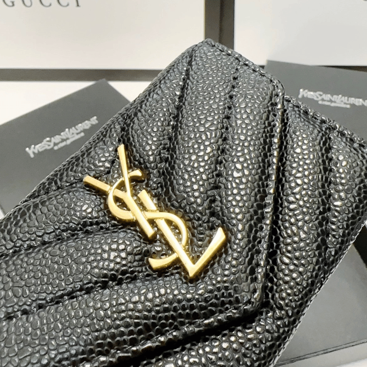Saint Laurent Envelope Tri-Fold Wallet Black Grain De Poudre 3.5 Inches